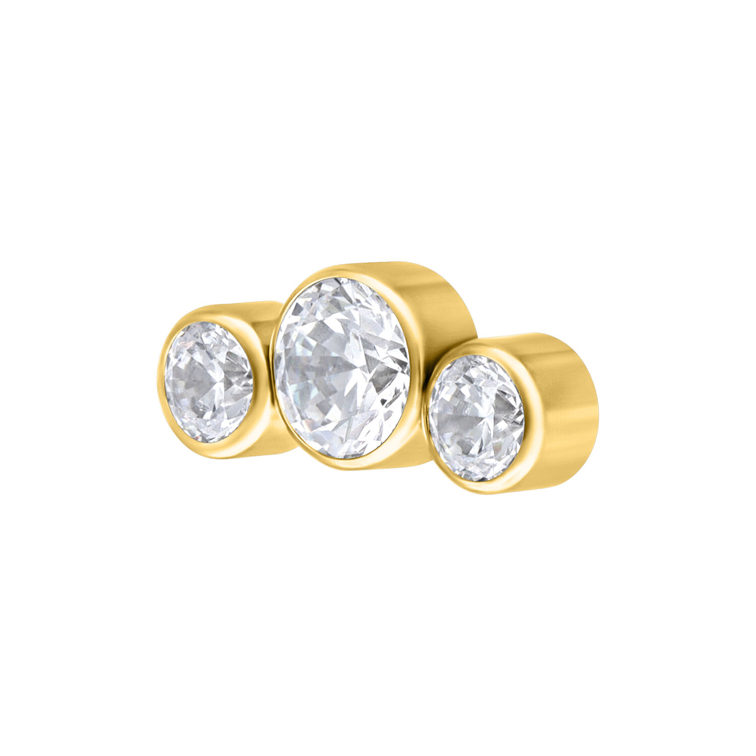 Ajuste de metal dorado con tres cristales claros sobre fondo blanco