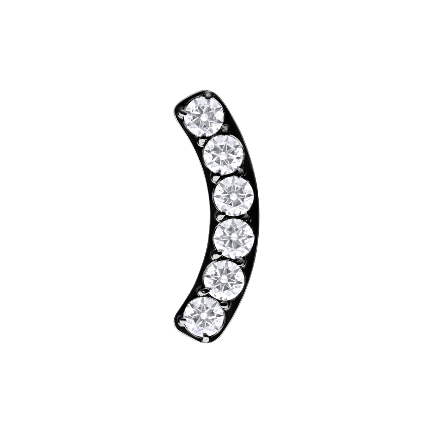Accesorio de piercing negro con seis cristales claros sobre fondo blanco
