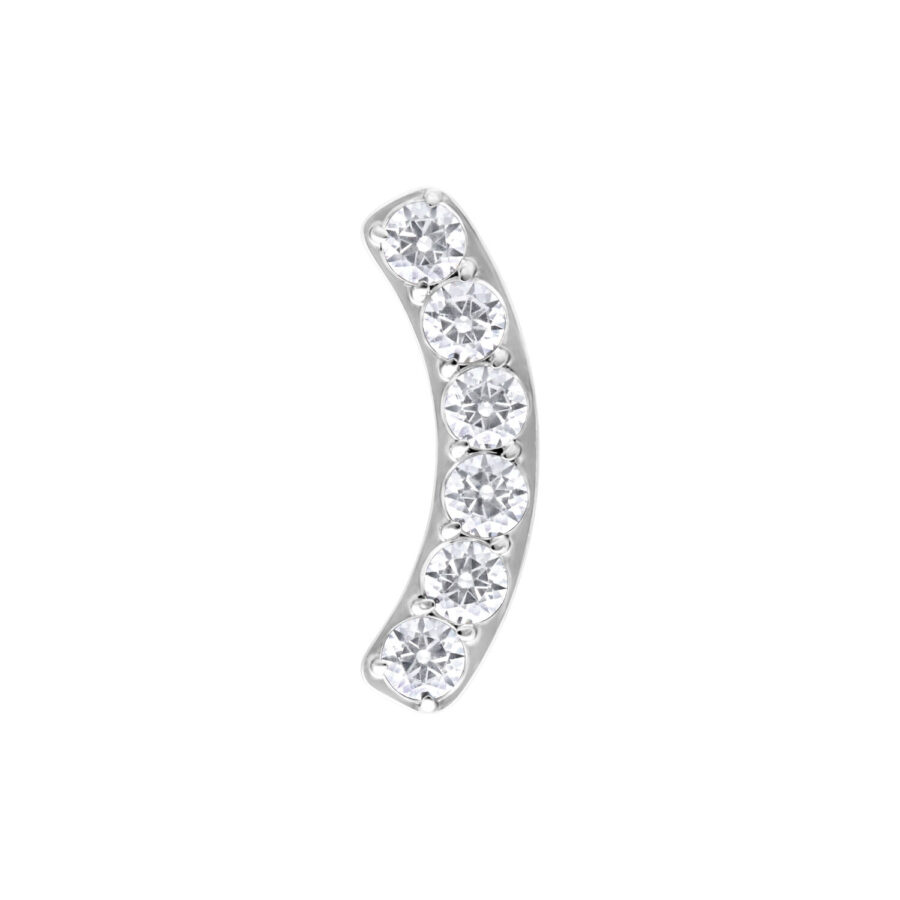 Ajuste de piercing plateado con seis cristales claros sobre fondo blanco
