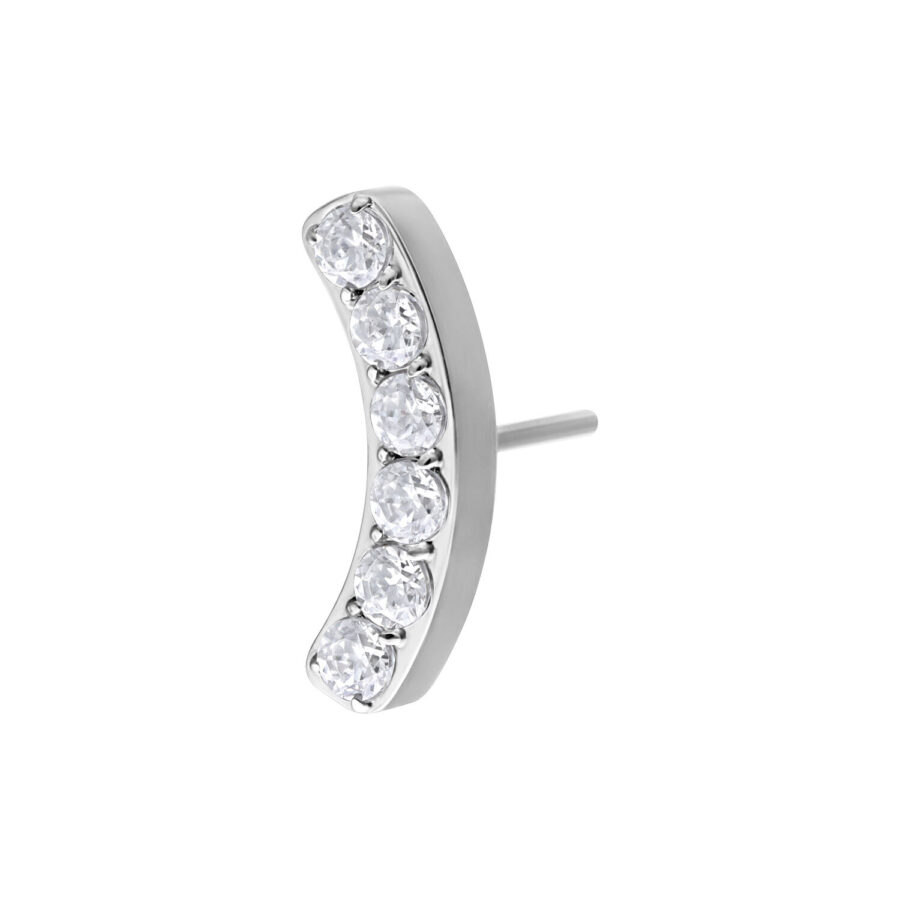 Ajuste de piercing plateado con 6 cristales claros sobre fondo blanco