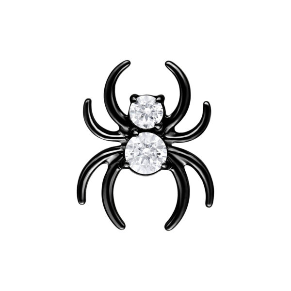 Spider de metal negro con dos piedras cristalinas sobre fondo blanco