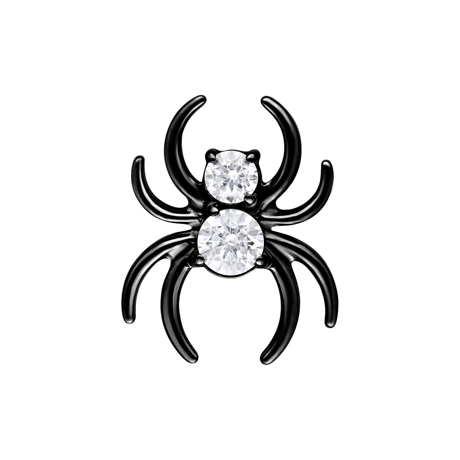 Spider de metal negro con dos piedras cristalinas sobre fondo blanco