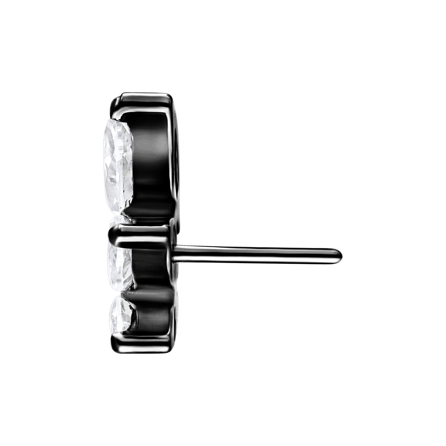 Accesorio de metal negro con cristales claros sobre fondo blanco