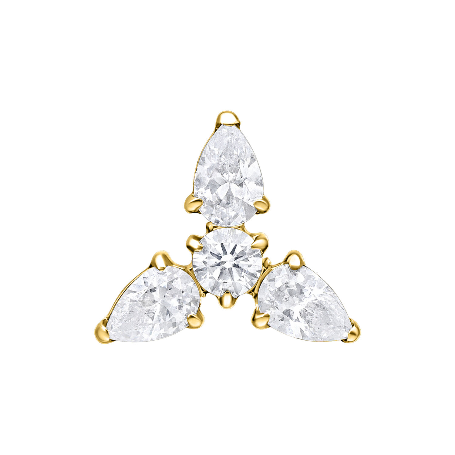 Accesorio Trinity de oro con tres piedras cristalinas sobre fondo blanco