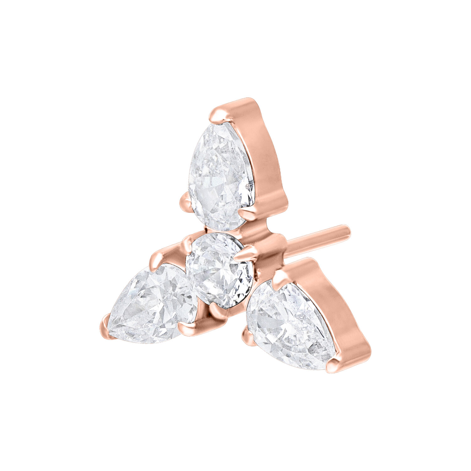 Ajuste en roségold con tres cristales claros sobre fondo blanco