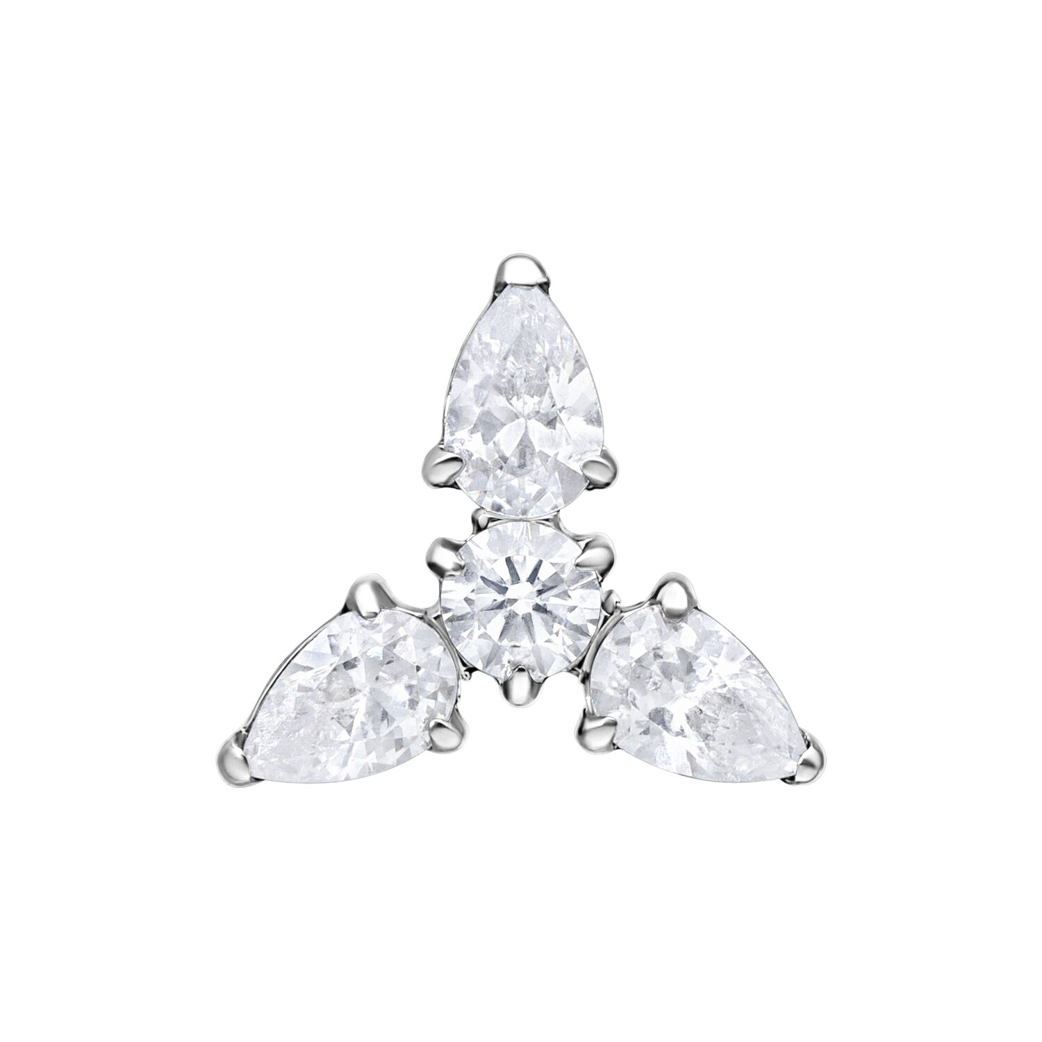 Ajuste Trinity Push Fit plateado Ajuste Trinity plateado con tres cristales claros sobre fondo blanco