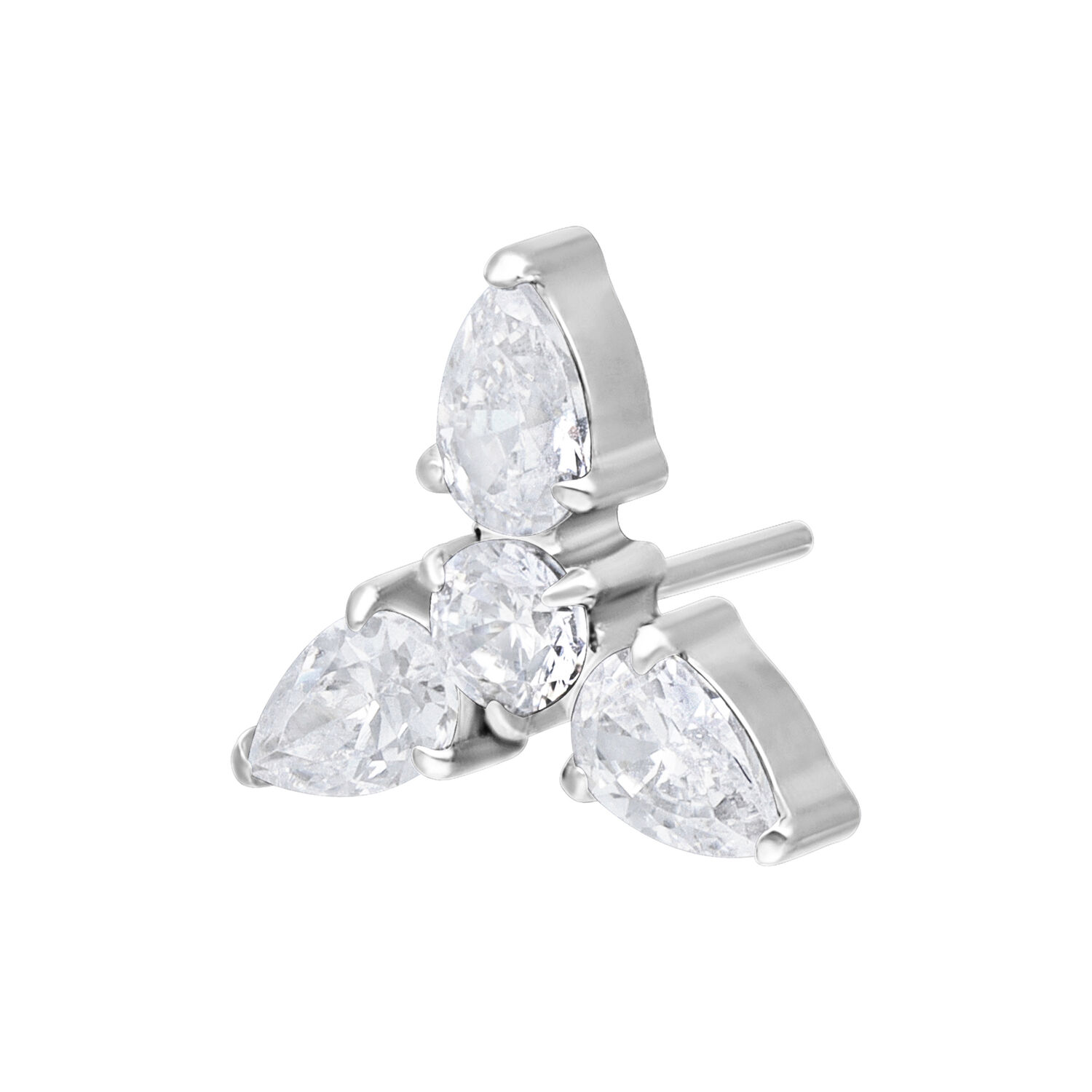 Ajuste Push Fit Trinity Plateado con Cristales Ajuste Trinity plateado de titanio con tres cristales claros sobre fondo blanco