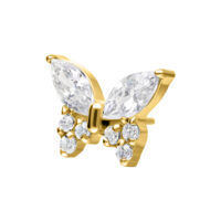 Accesorio de mariposa dorada con piedras cristalinas sobre fondo blanco