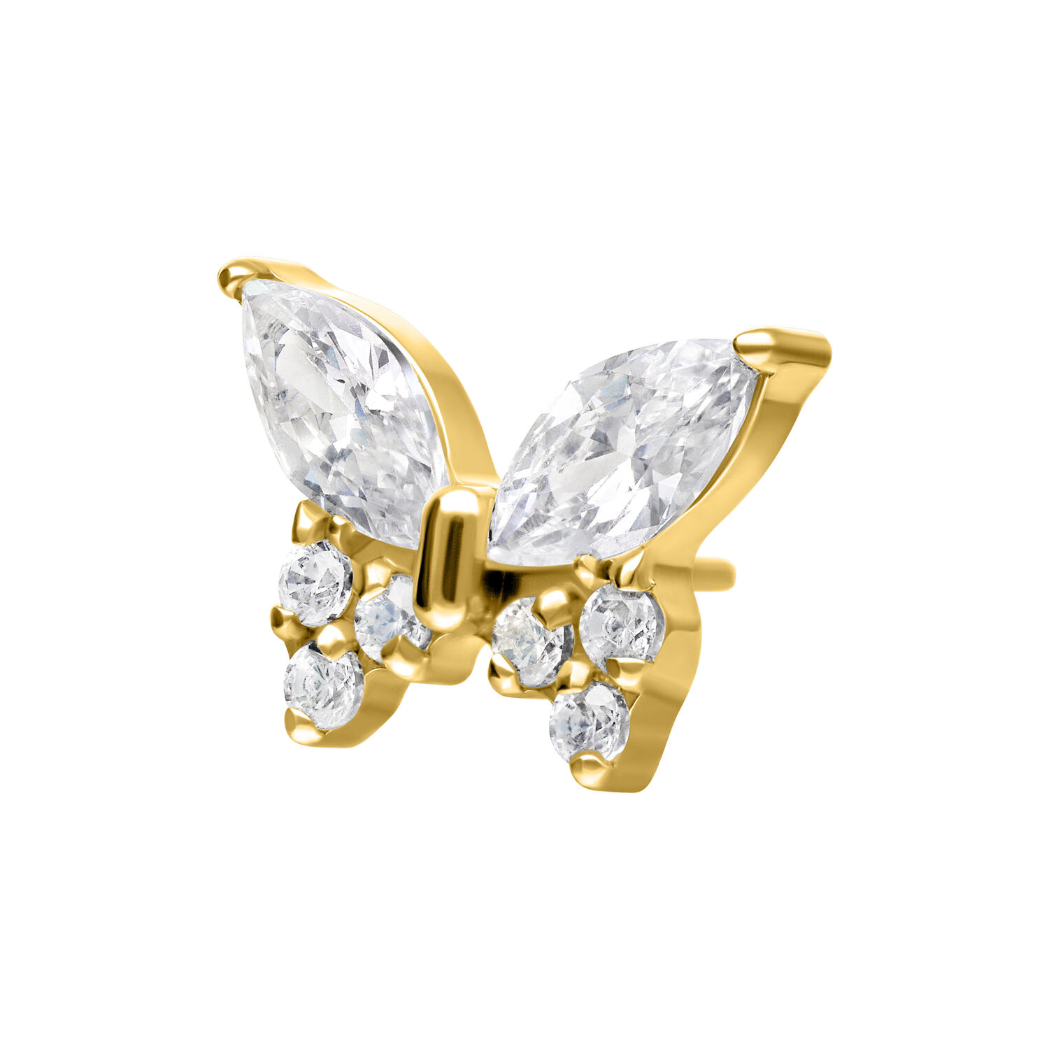 Accesorio de mariposa dorada con piedras cristalinas sobre fondo blanco