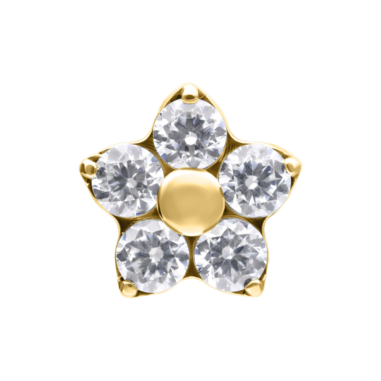 Aplique de flor dorado con cinco cristales claros sobre fondo blanco