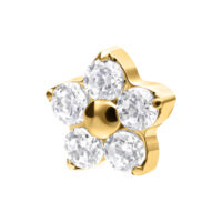 Ajuste floral dorado con cinco cristales claros sobre fondo blanco