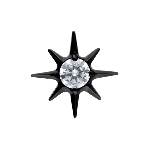 Ajuste a presión en metal negro con estrella de cristal claro sobre fondo blanco