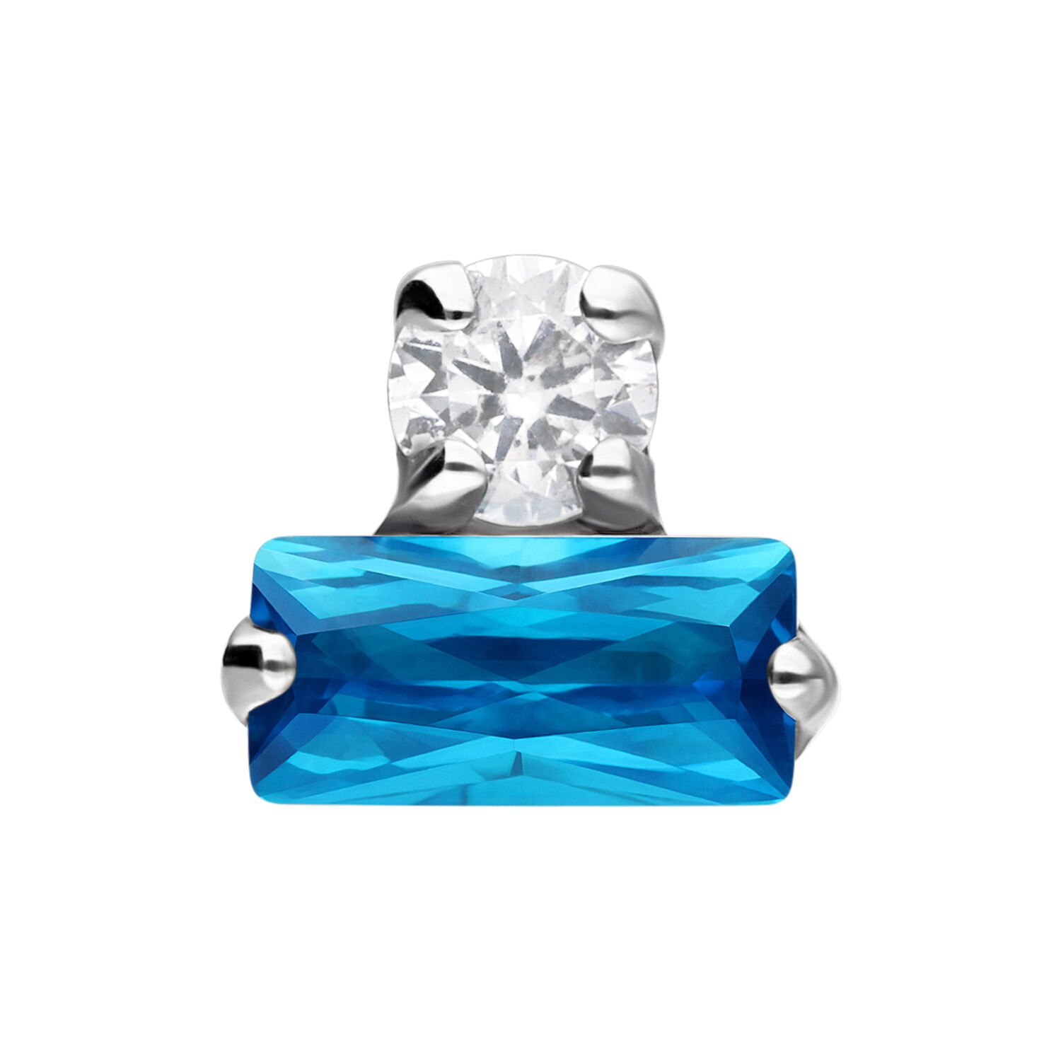 Accesorio Push Fit plateado con cristal lavanda y turquesa sobre fondo blanco