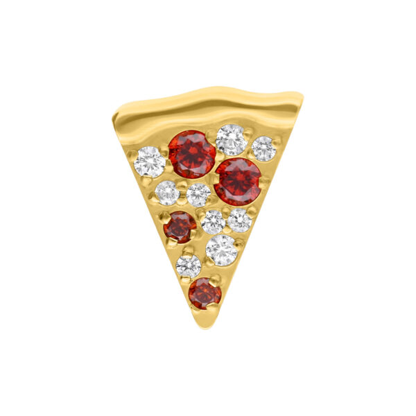 Adorno de piercing en forma de pizza dorada con cristales rojos y claros