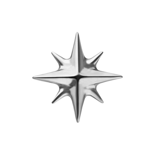 Accesorio en forma de estrella plateada de titanio sobre fondo blanco