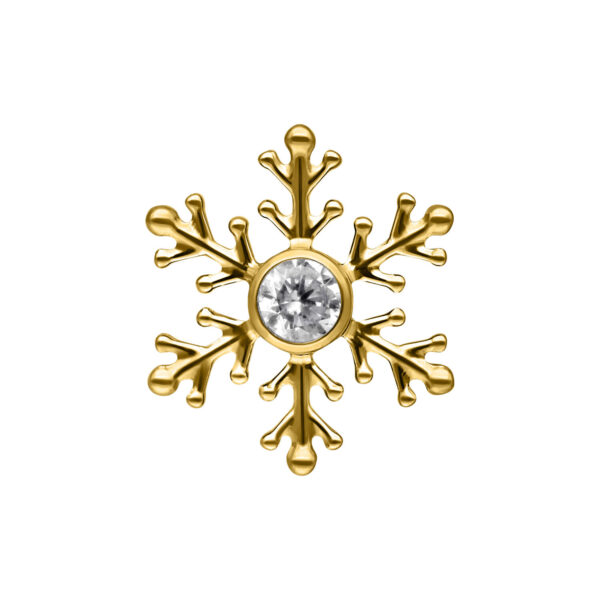 Adorno de copo de nieve dorado de titanio con cristal claro sobre fondo blanco