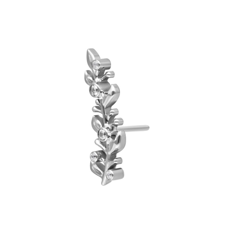 Ajuste Push de piercing plateado en forma de hoja con cristales claros sobre fondo blanco
