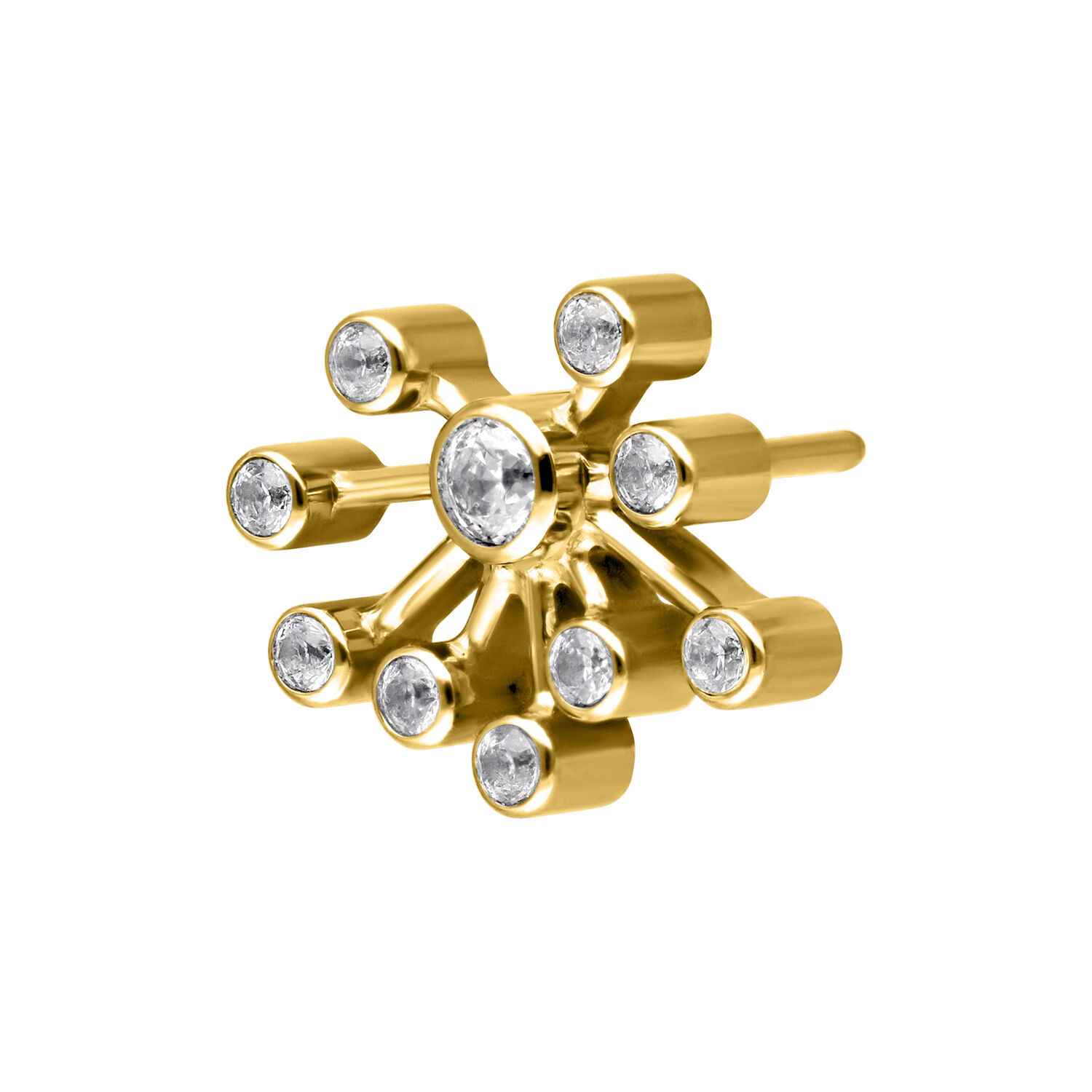 Ajuste metálico dorado con cristales claros sobre fondo blanco