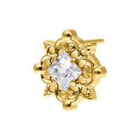 Ajuste Push Fit Dorado con Cristal Ajuste Push Fit dorado con ornamento y cristal claro en el centro sobre fondo blanco