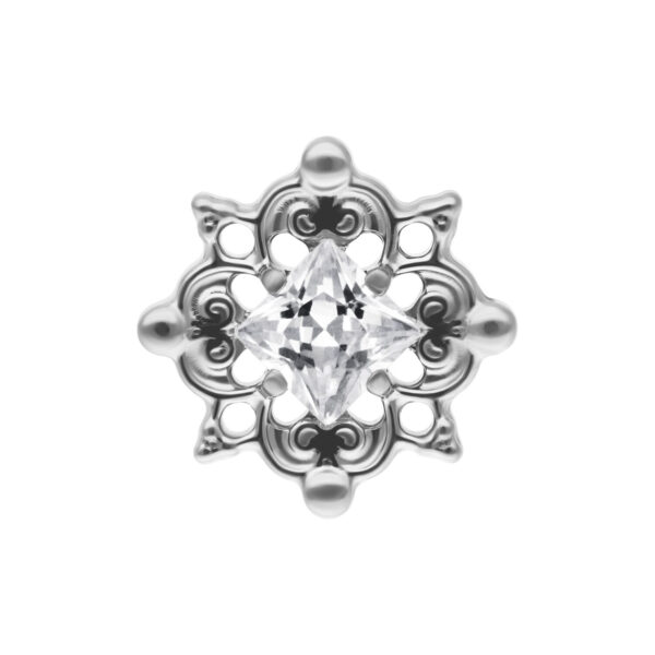 Accesorio Push Fit plateado con cristal claro sobre fondo blanco