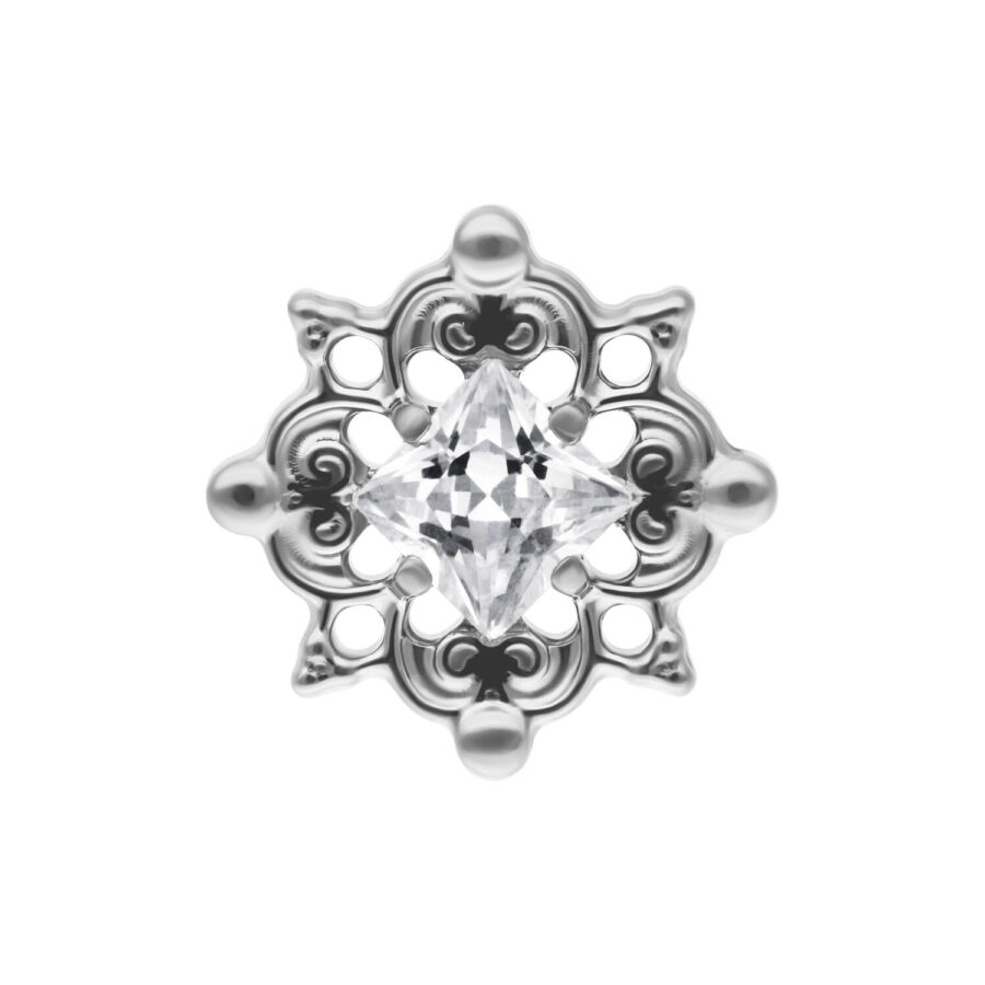 Accesorio Push Fit plateado con cristal claro sobre fondo blanco