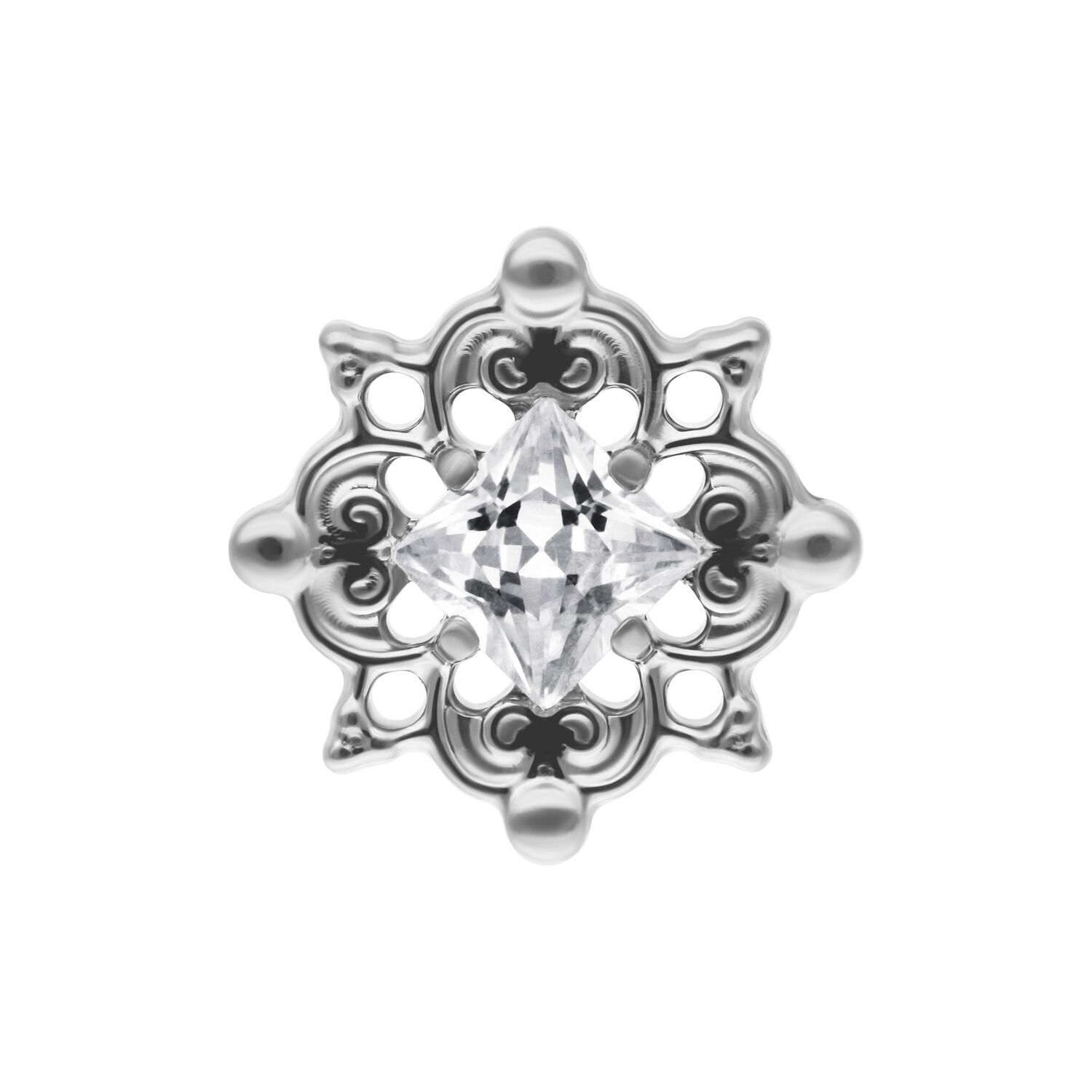 Accesorio Push Fit plateado con cristal claro sobre fondo blanco