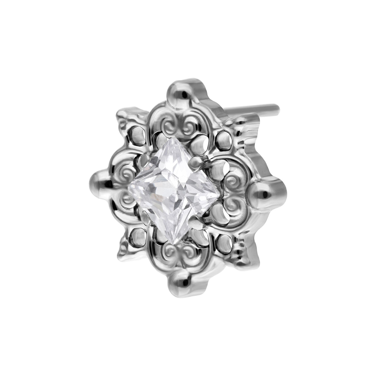 Accesorio Push Fit plateado con cristal claro sobre fondo blanco