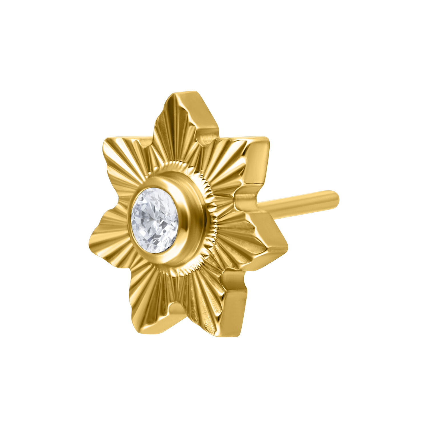 Ajuste dorado con forma acanalada y cristal claro sobre fondo blanco