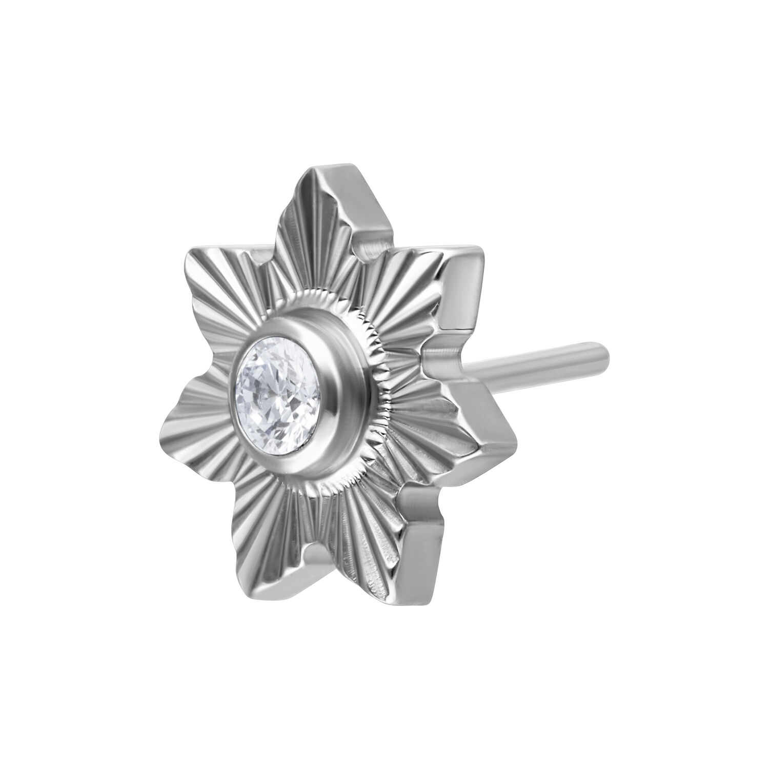 Push Fit Riffled Jasmine accesorio en plata Accesorio Push Fit plateado con piedra cristalina sobre fondo blanco