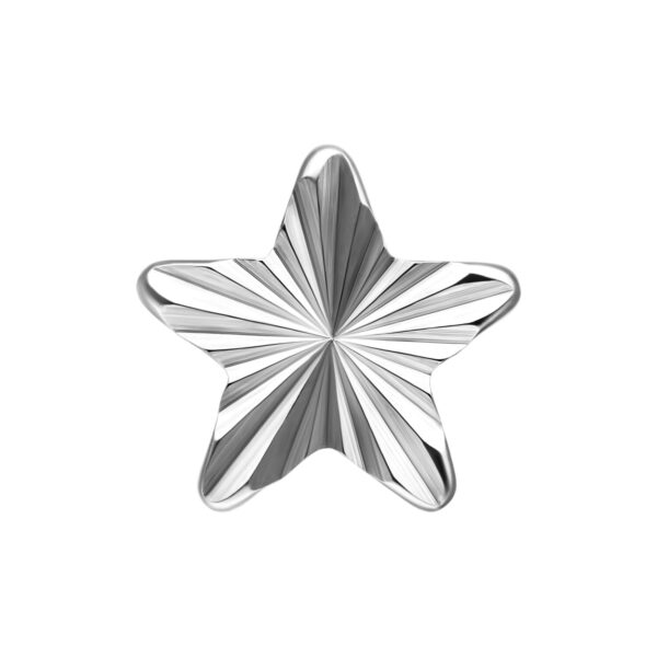 Aplique de estrella de titanio plateado con superficie acanalada sobre fondo blanco