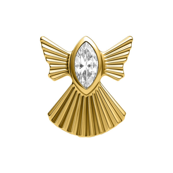 Ajuste a presión de ángel dorado con cristal claro sobre fondo blanco