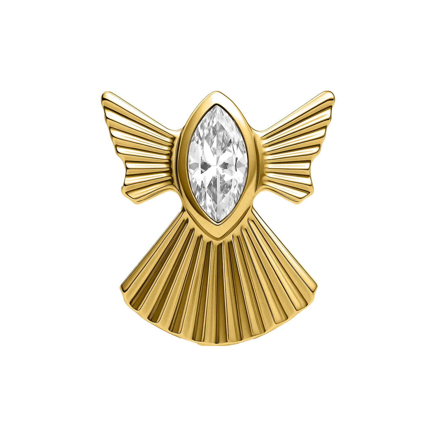 Ajuste a presión de ángel dorado con cristal claro sobre fondo blanco