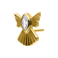 Aplique de piercing dorado en forma de ángel con cristal claro sobre fondo blanco