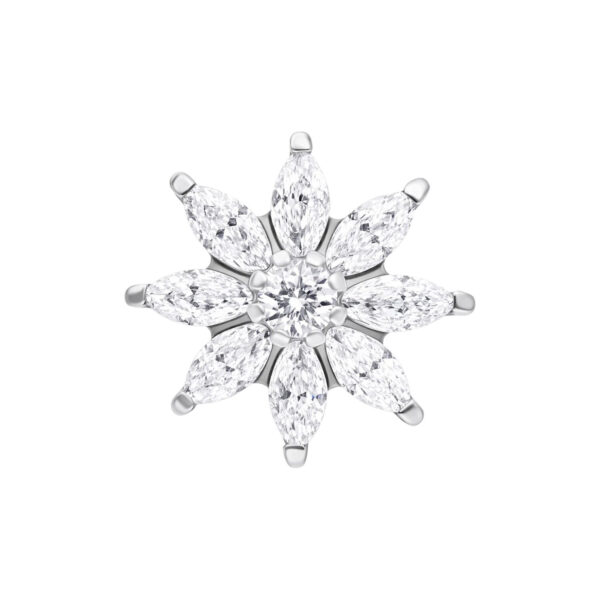 Cristal plateado en forma de flor de hielo sobre fondo blanco