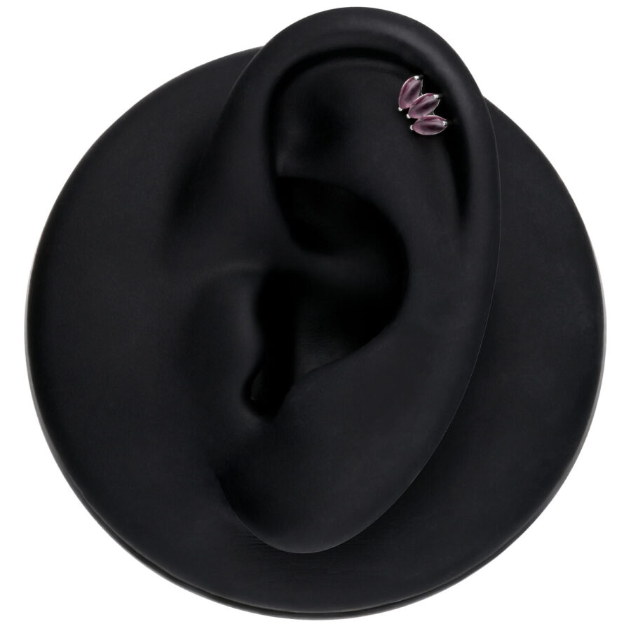 Ajuste de loto plateado con amatista presentado en oreja negra