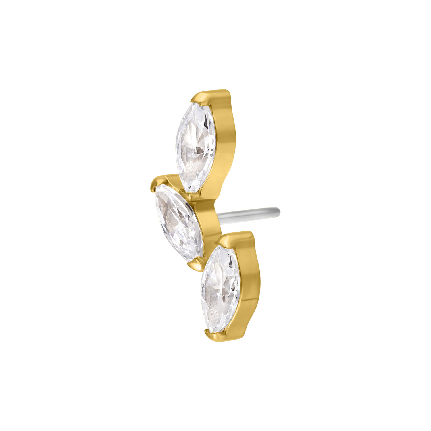 Accesorio de metal dorado para ajuste a presión con tres cristales claros sobre fondo blanco