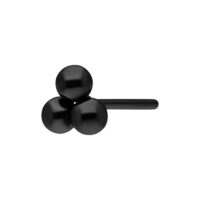 Accesorio de metal negro con tres bolas redondas sobre fondo blanco