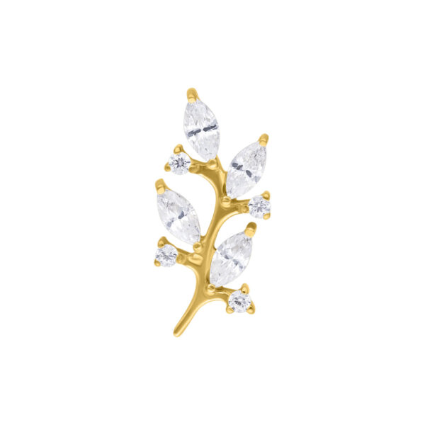Ajuste de piercing dorado en forma de hoja con cristales claros sobre fondo blanco
