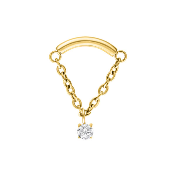 Aro de metal dorado para helix con cristal claro en cadena sobre fondo blanco