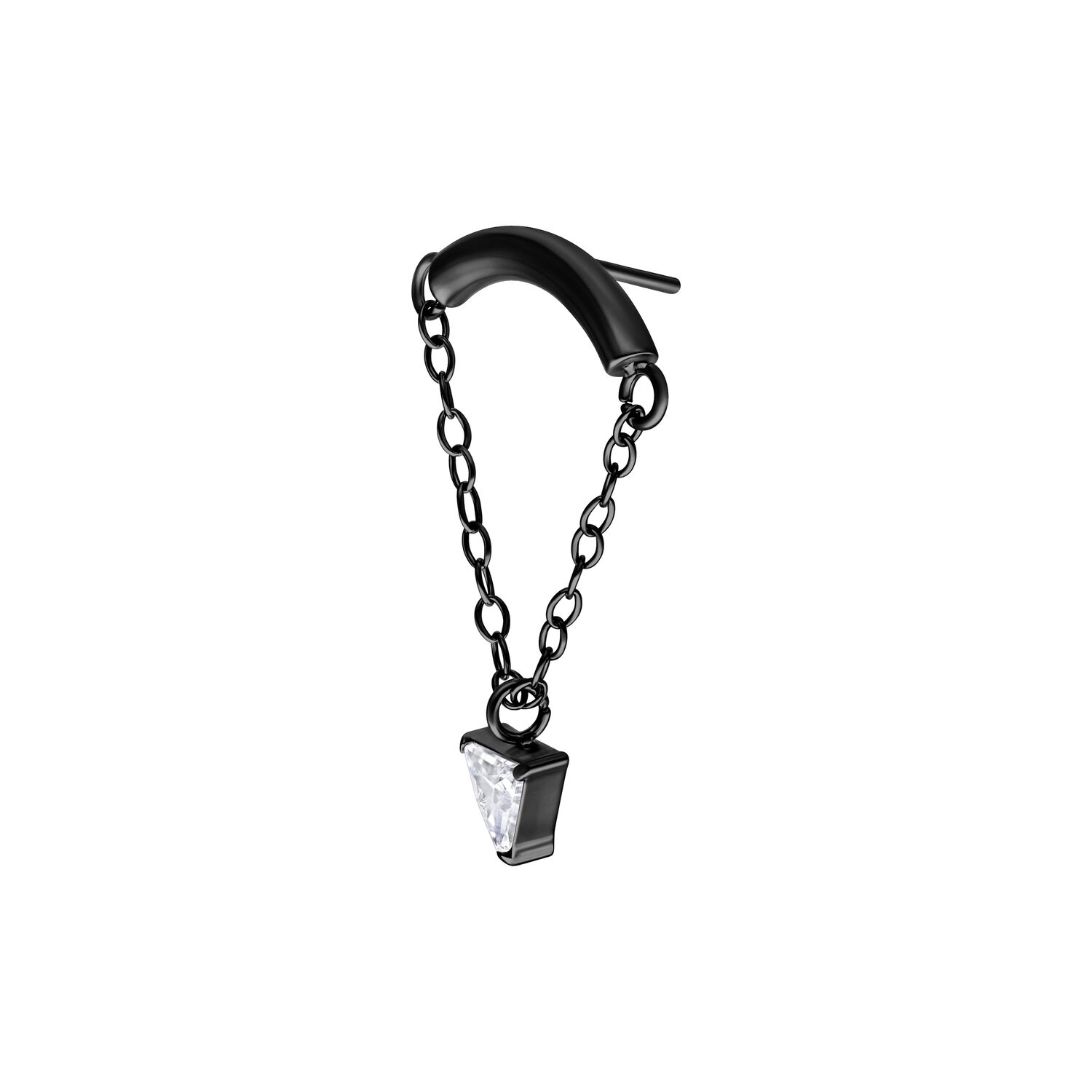 Negro Triángulo Helix Adorno con Cadena Adorno Helix negro con cadena y colgante de cristal claro sobre fondo blanco