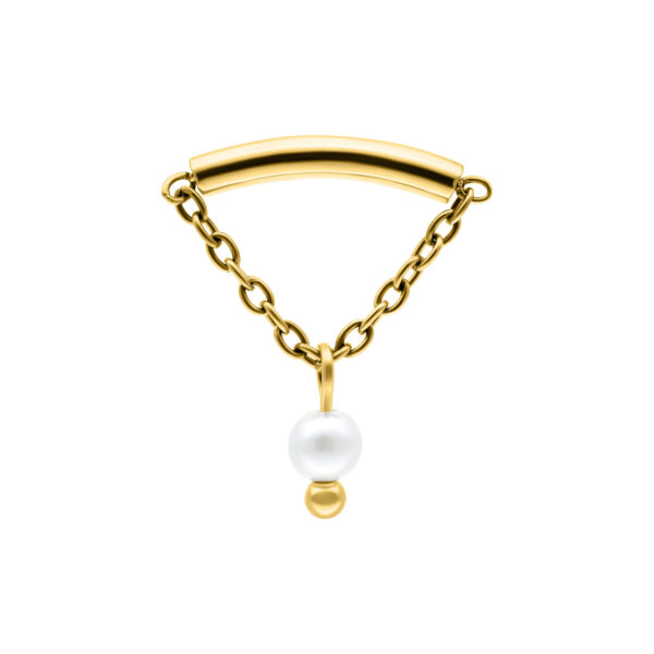 Accesorio Helix dorado con perla y cadena sobre fondo blanco