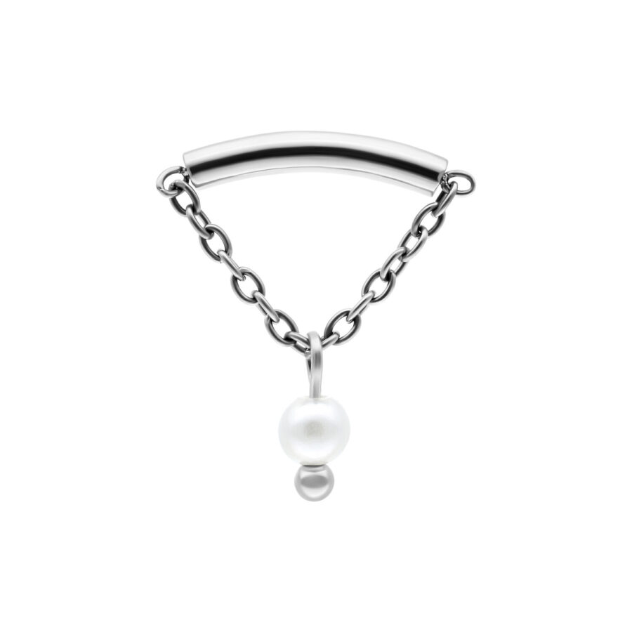 Ajuste Helix plateado Push Fit con cadena y perla sobre fondo blanco