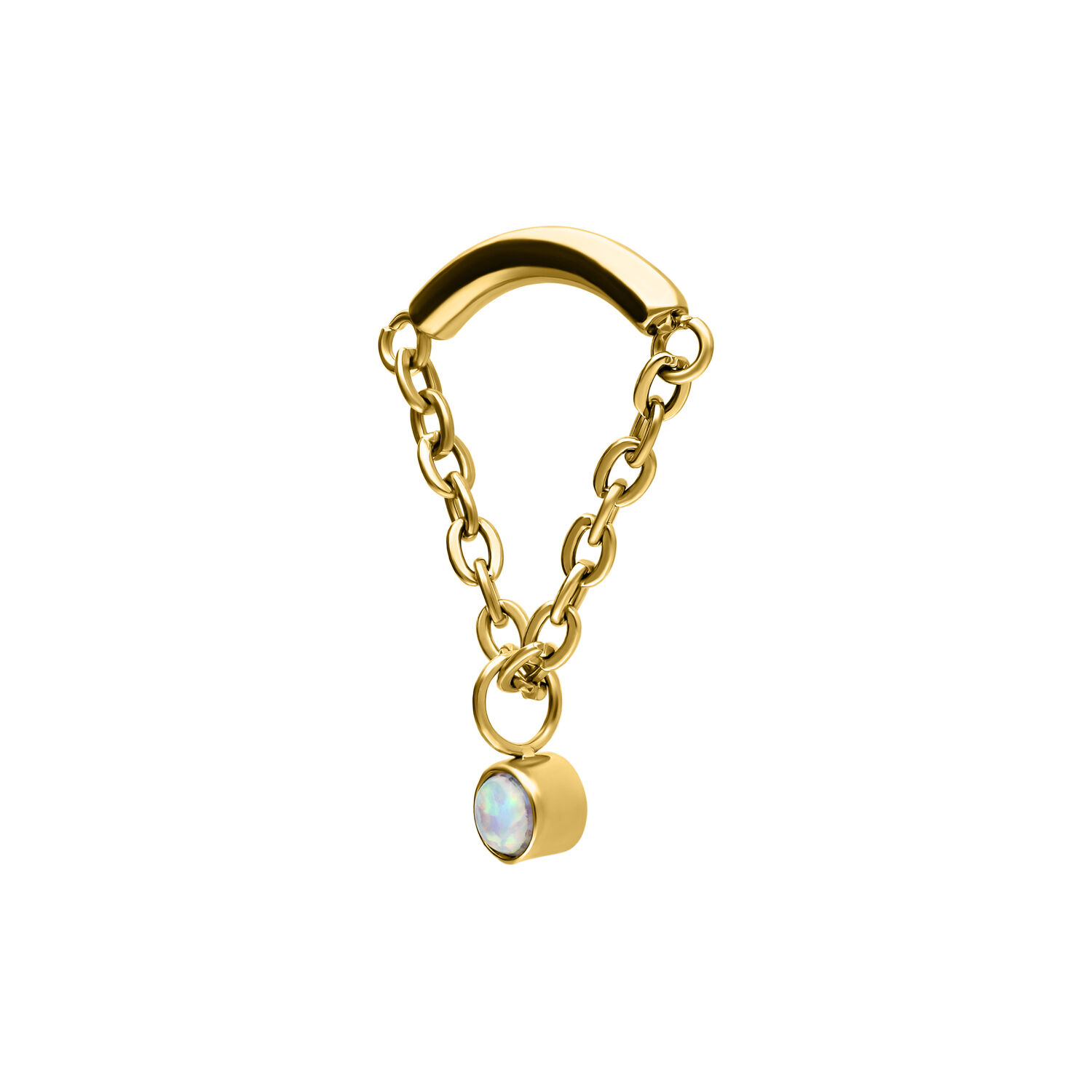 Aro Helix Dorado con Ópalo Sintético Aro Helix dorado con cadena y ópalo claro, fondo de estudio