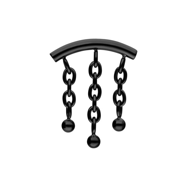 Accesorio de piercing negro con cadenas y bolas sobre fondo blanco