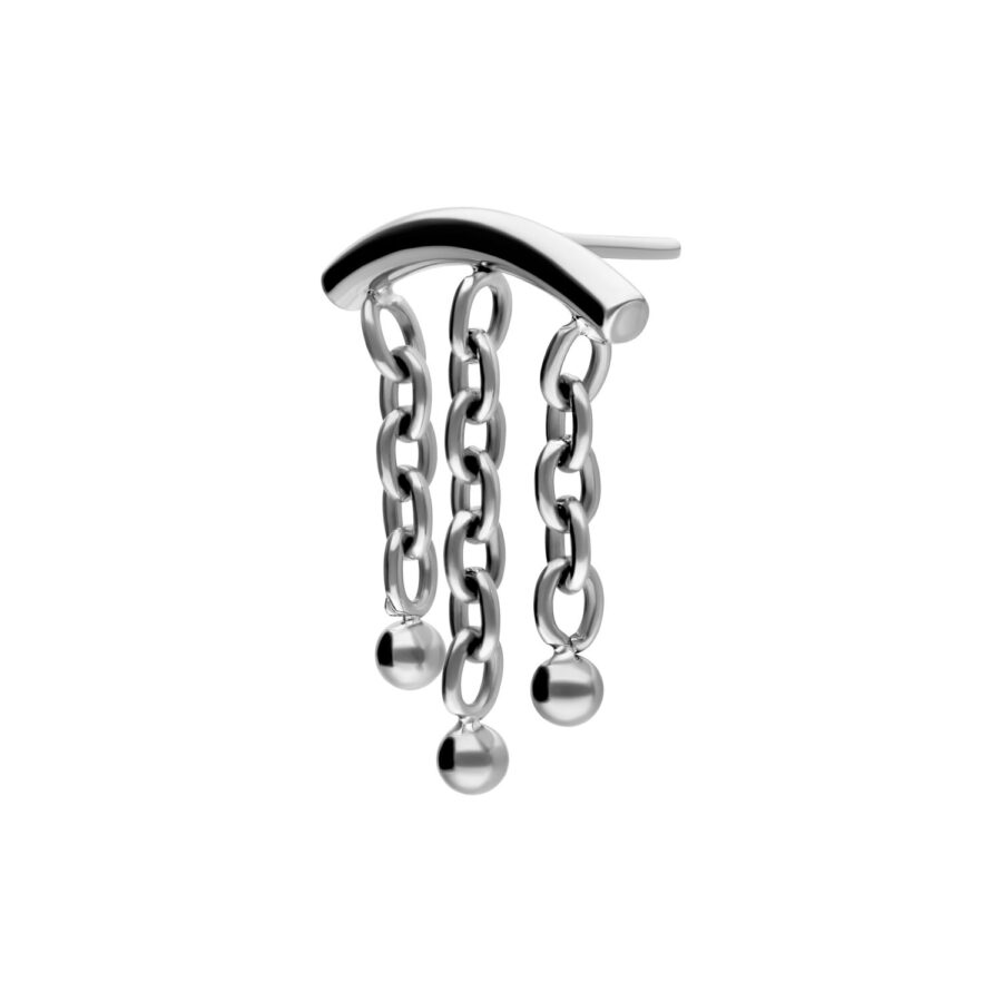 Accesorio de piercing plateado con tres cadenas y bolas sobre fondo blanco