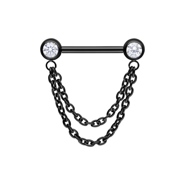 Barra negra con dos cadenas y cristales claros sobre fondo blanco