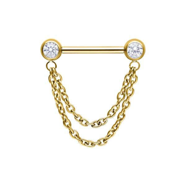 Barbell dorado con dos cadenas y extremos de piedras brillantes sobre fondo blanco