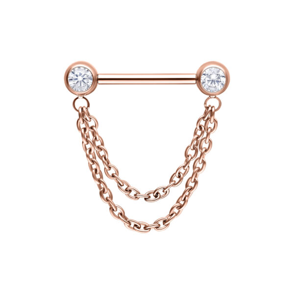 Barbell de oro rosa con dos cadenas y cristales sobre fondo blanco