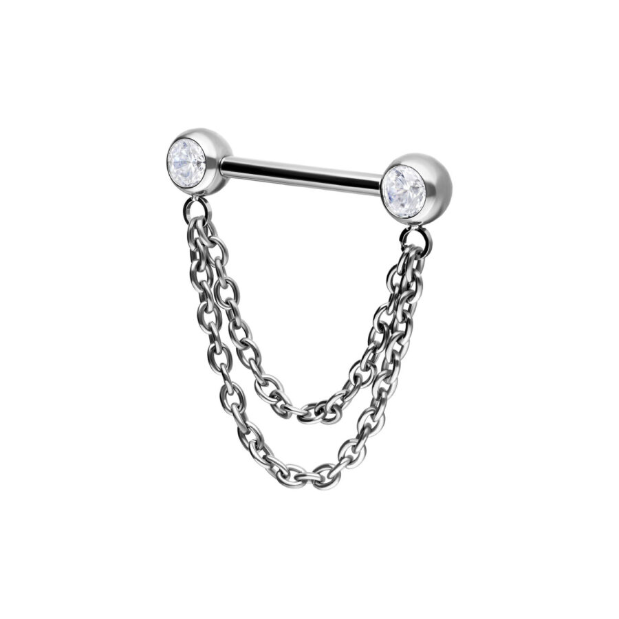 Barbell de pezón plateado con dos cadenas y cristales sobre fondo blanco