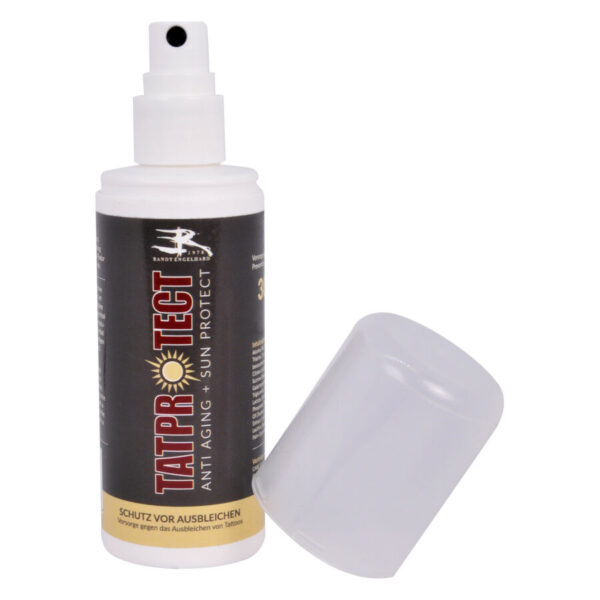 Botella de spray TATprotect con la tapa retirada sobre fondo blanco